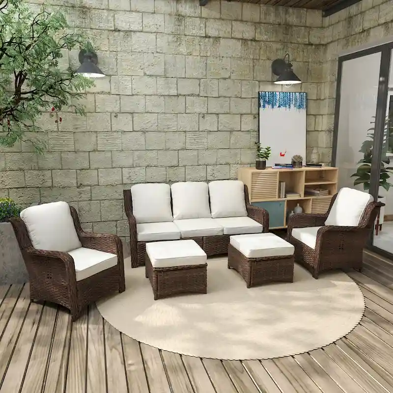 5 Piece Rattan Outdoor Sectional Conversation Set with 3 Seat Couch 2 Chairs and Ottomans for Patio or Balcony