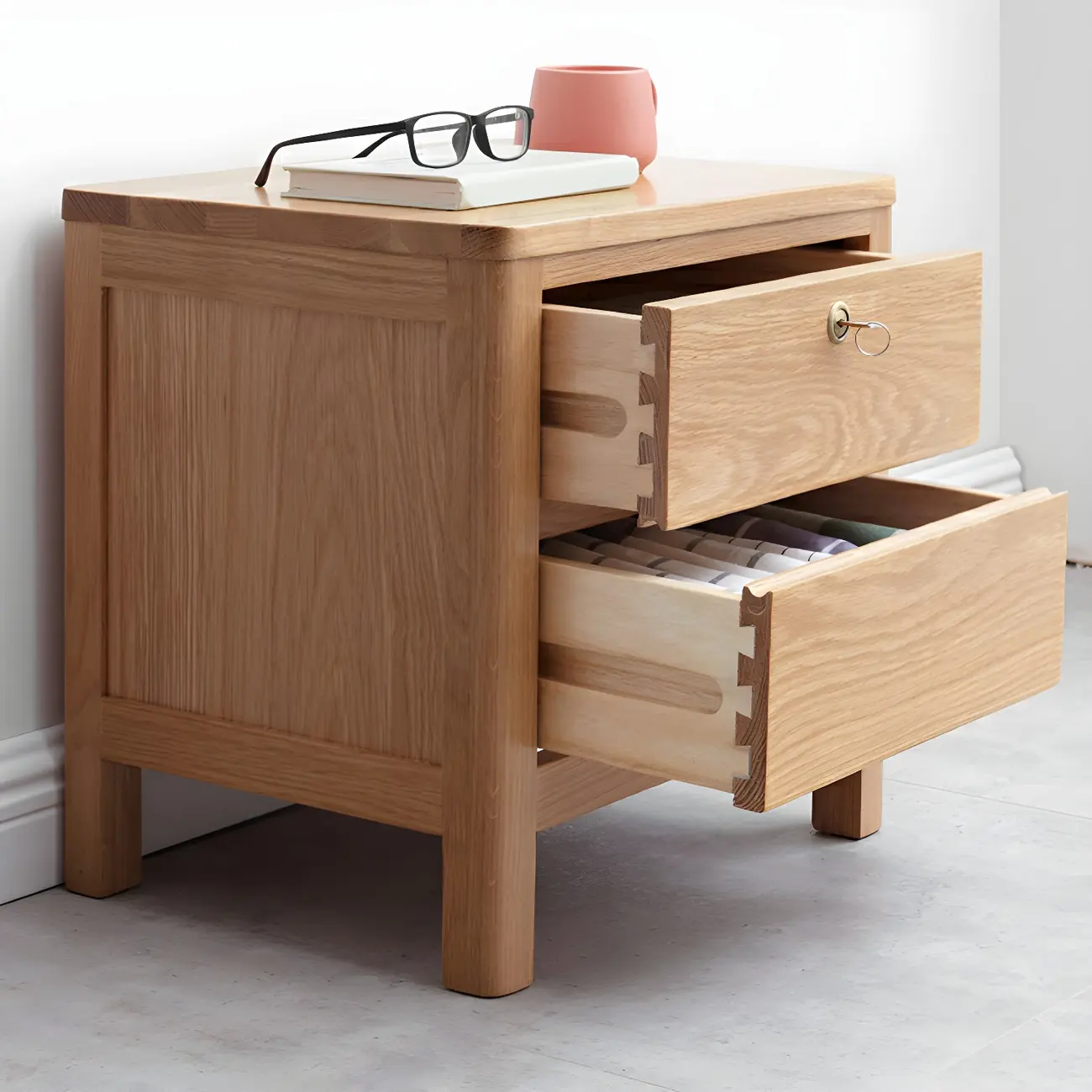Scandinavian Oak Wood Narrow Locking Nightstand