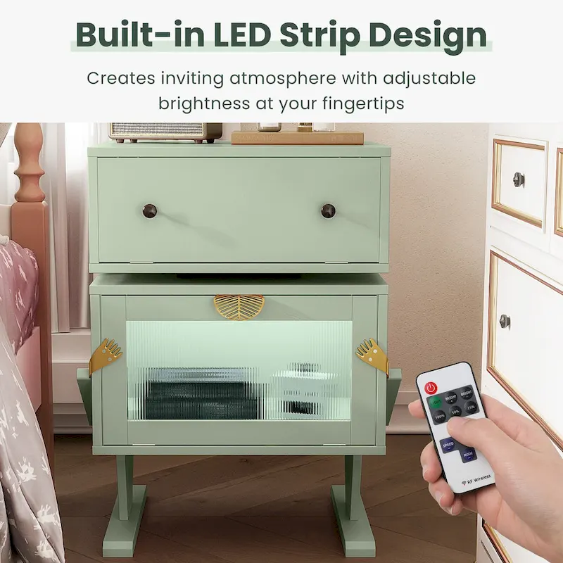 Nightstand with Rotating Drawer and LED Light Strip