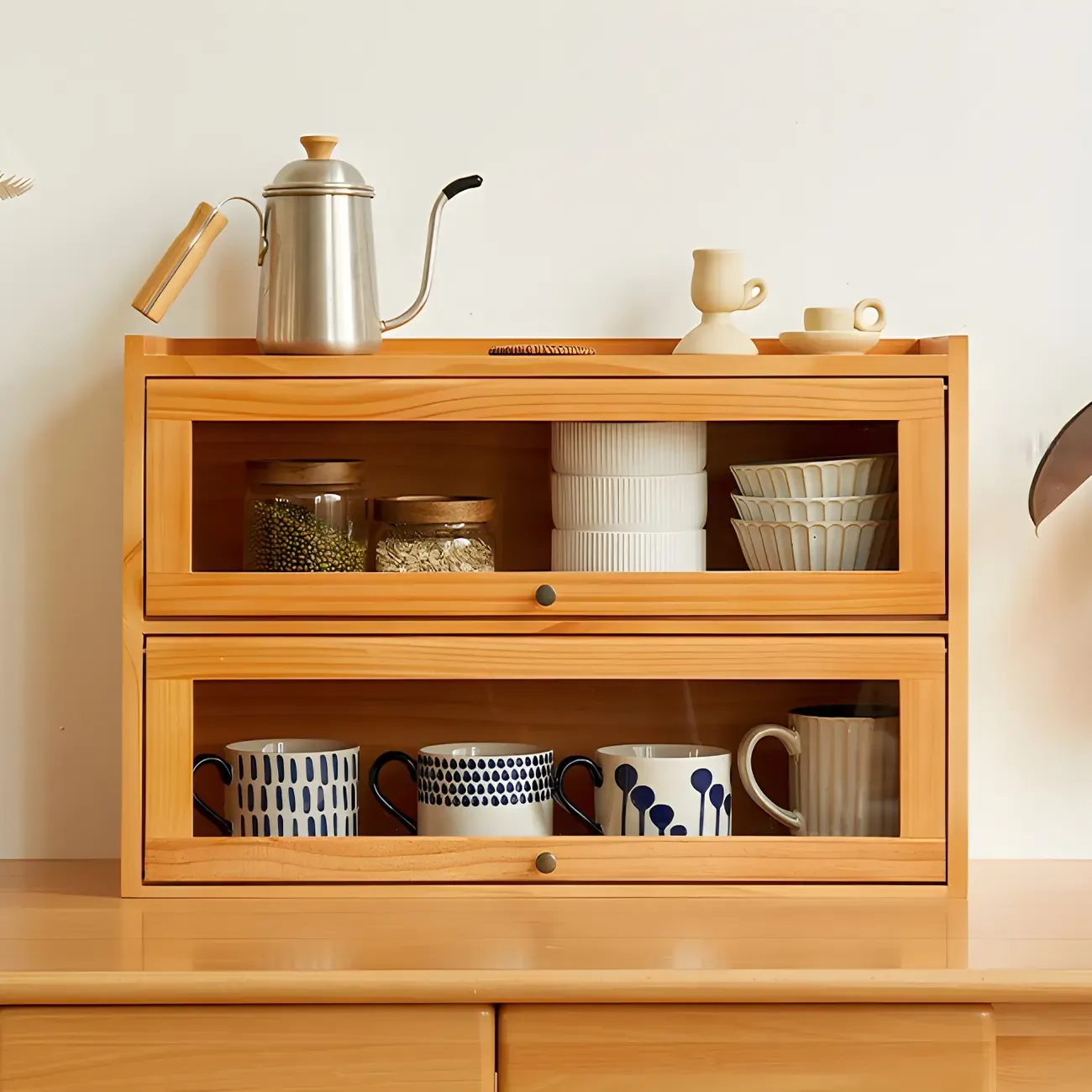 Wooden Tabletop Glass Display Cabinet for Kitchen Decor