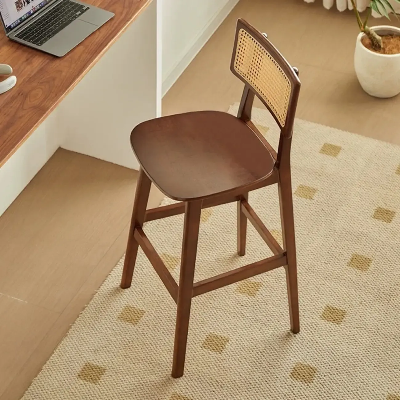 Scandinavian Solid Wood Rattan Back Counter Height Stools