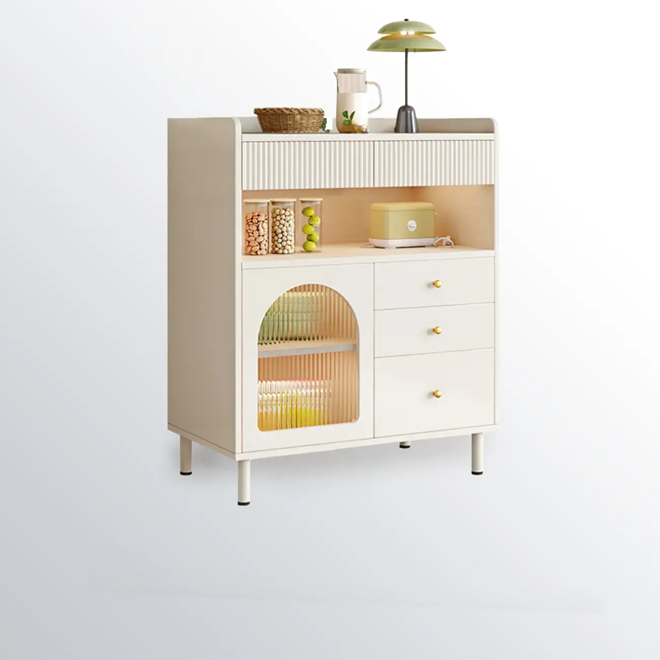 Modern White Accent Cabinet with Drawers & Glass Doors