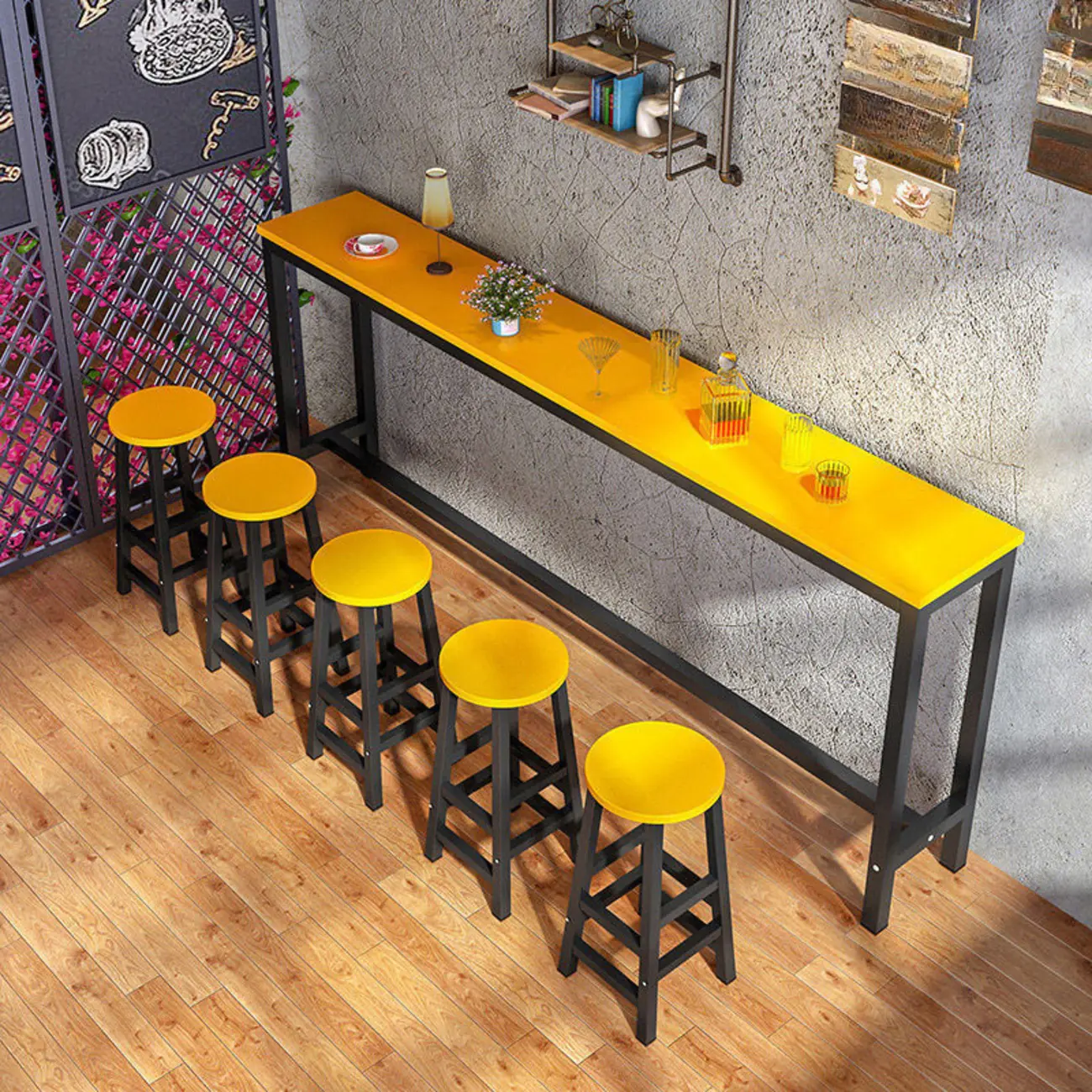 Grey Rectangle Wood Metal Footrest Bar Tables