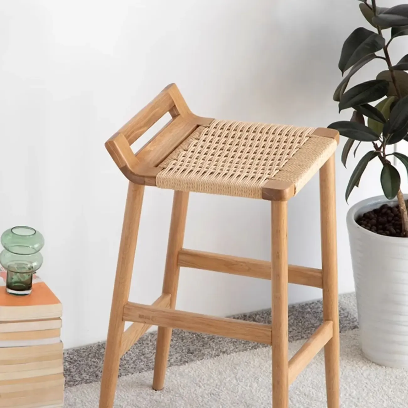 Natural Wood Backless Woven Seat Counter Height Bar Stool