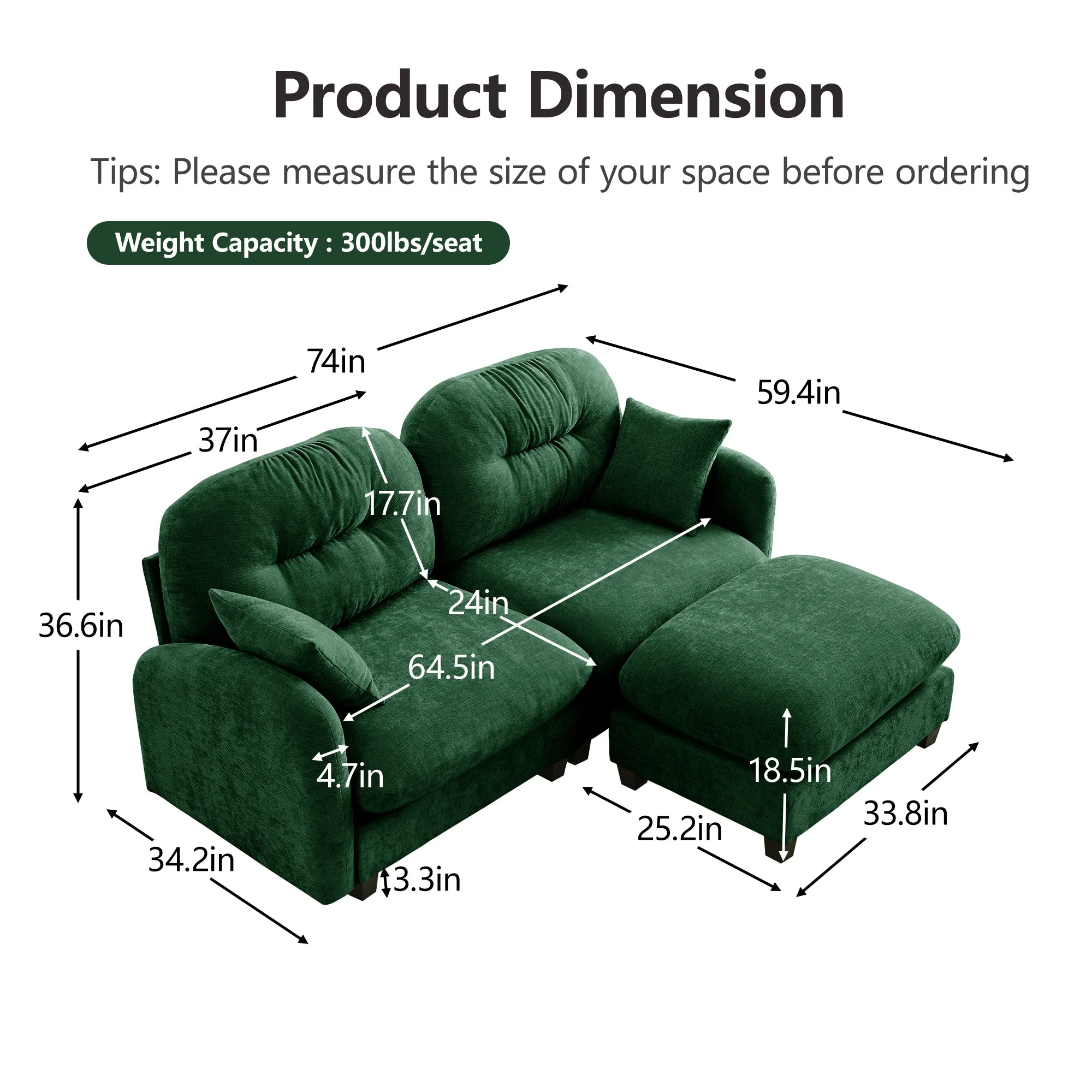 Cloud Tufted  Chenille Sectional Loveseat Sofa Couch With Ottoman