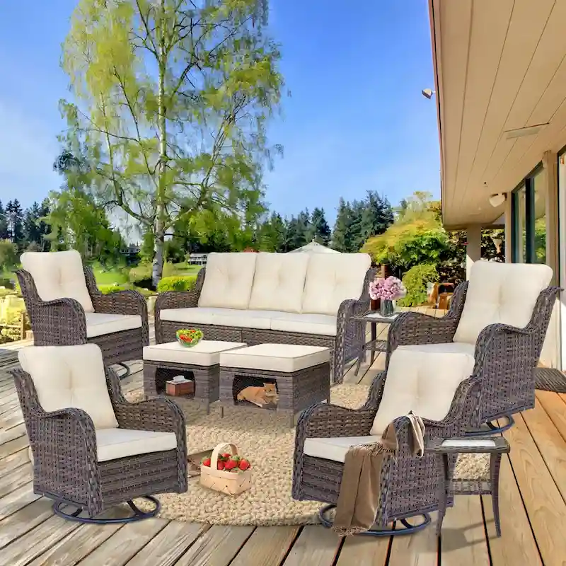 9 Pieces Outdoor Patio Furniture Set Wicker Swivel Chair with Ottoman