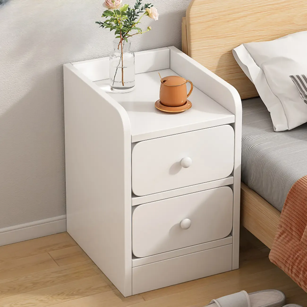 Simple White Natural Wood 2-Drawer Nightstand