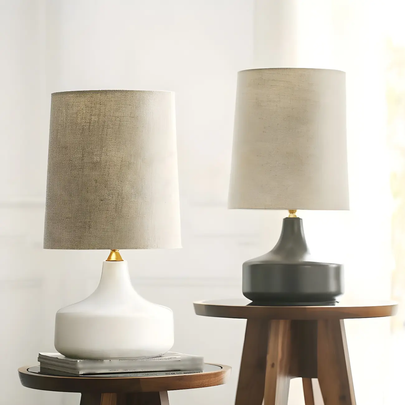 Modern Ceramic Barrel Bedside Table Lamp with Linen Shade