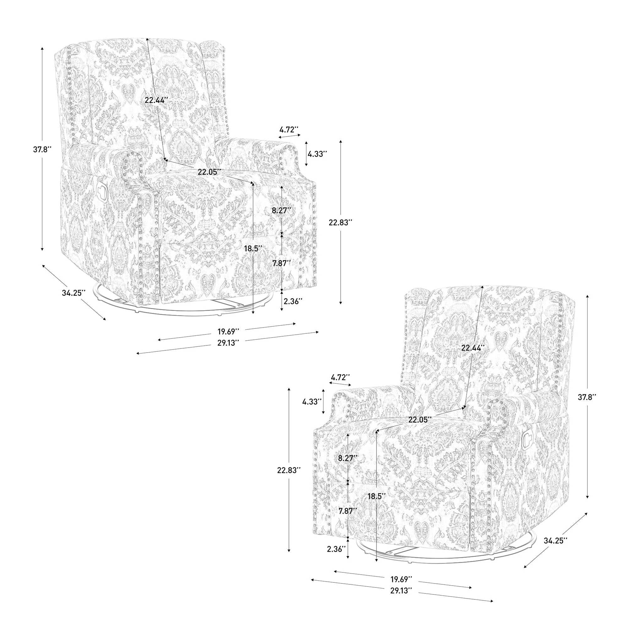 29'' W Pattern Swivel Glider Manual Push Back Recliner Chair Set of 2