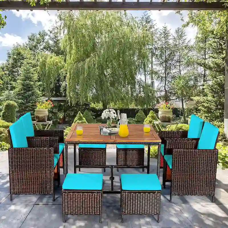 Costway 9PCS Patio Rattan Dining Set Cushioned Chairs Ottoman Wood - See Details