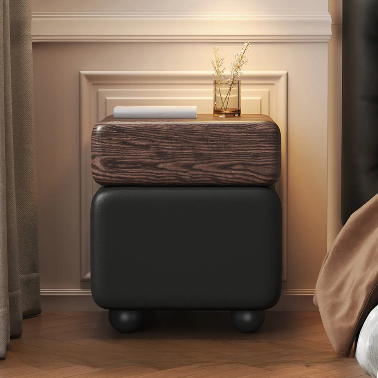 Black Walnut Finish Faux Leather 2-Drawer Nightstand