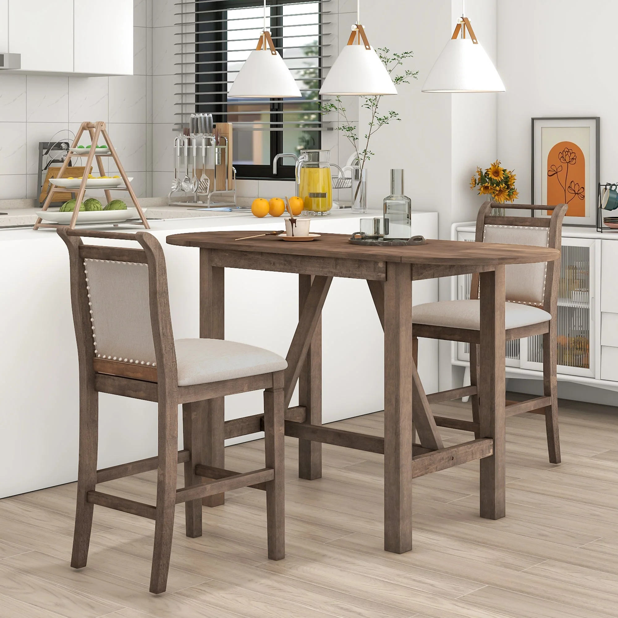 Walker Edison | 3-Piece Wood Counter Height Drop Leaf Dining Table Set with Chairs