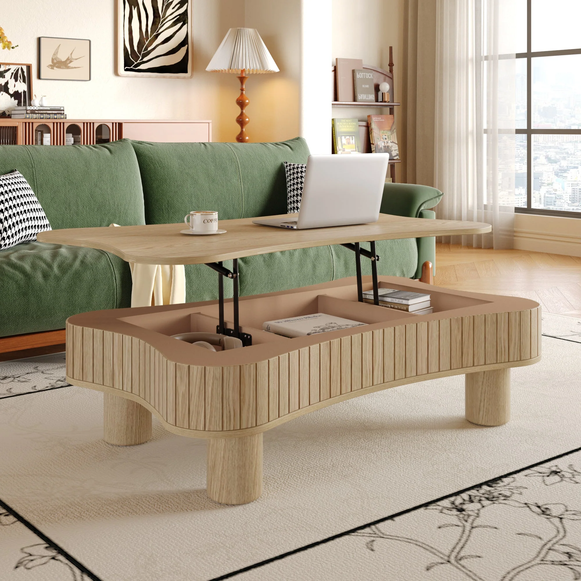 Walker Edison | Curve Design Reeded Lift Top Coffee Table and Desk