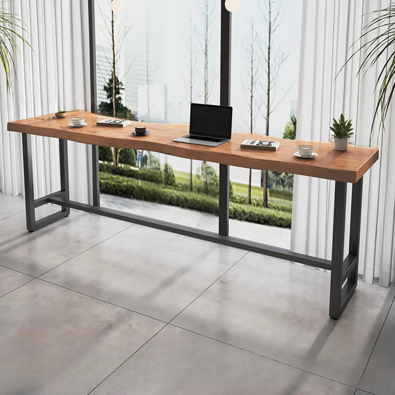 Modern Wooden Freeform Pub Table with Metal Trestle Base