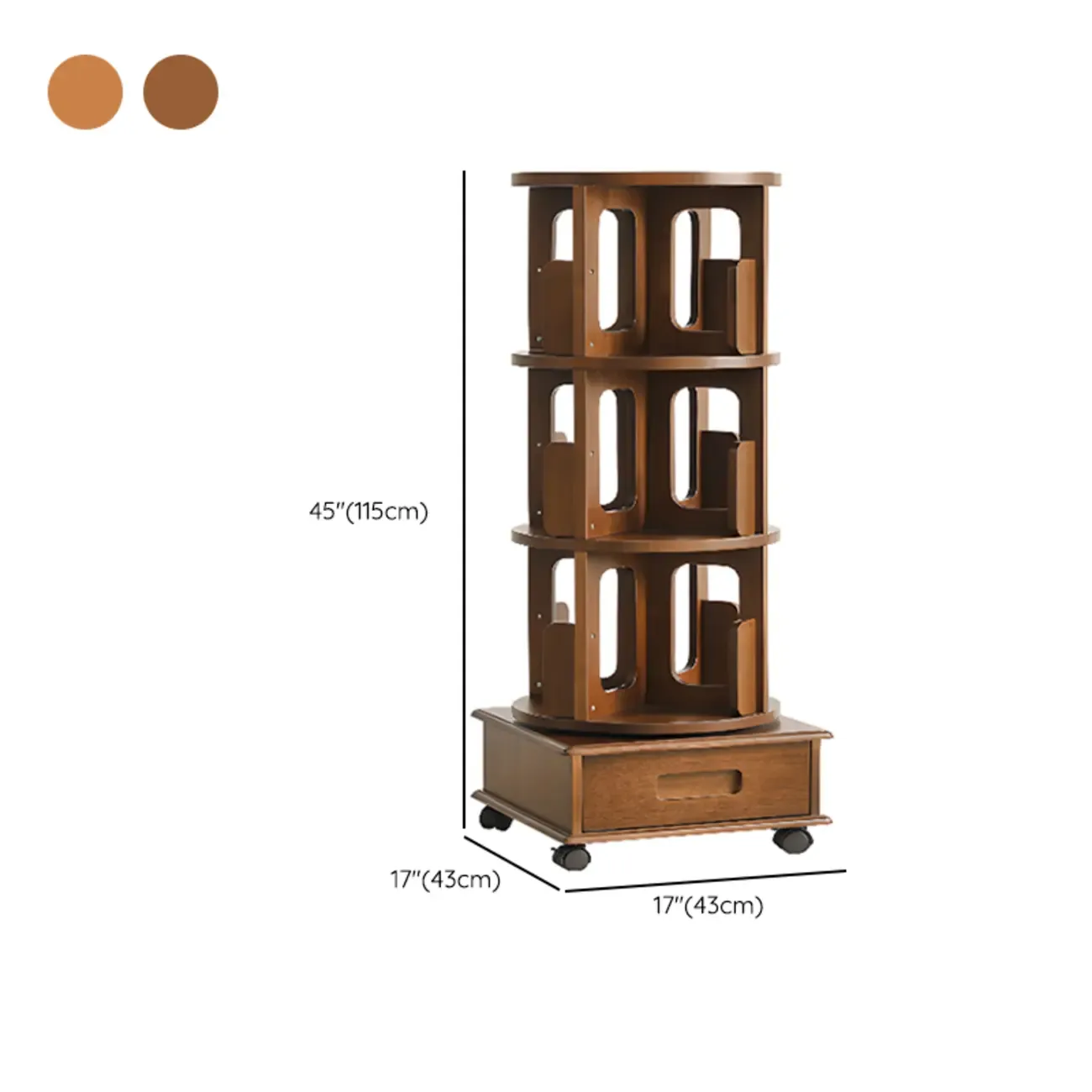 Narrow Rotating Cherry Wood Vertical Bookcase With Drawer
