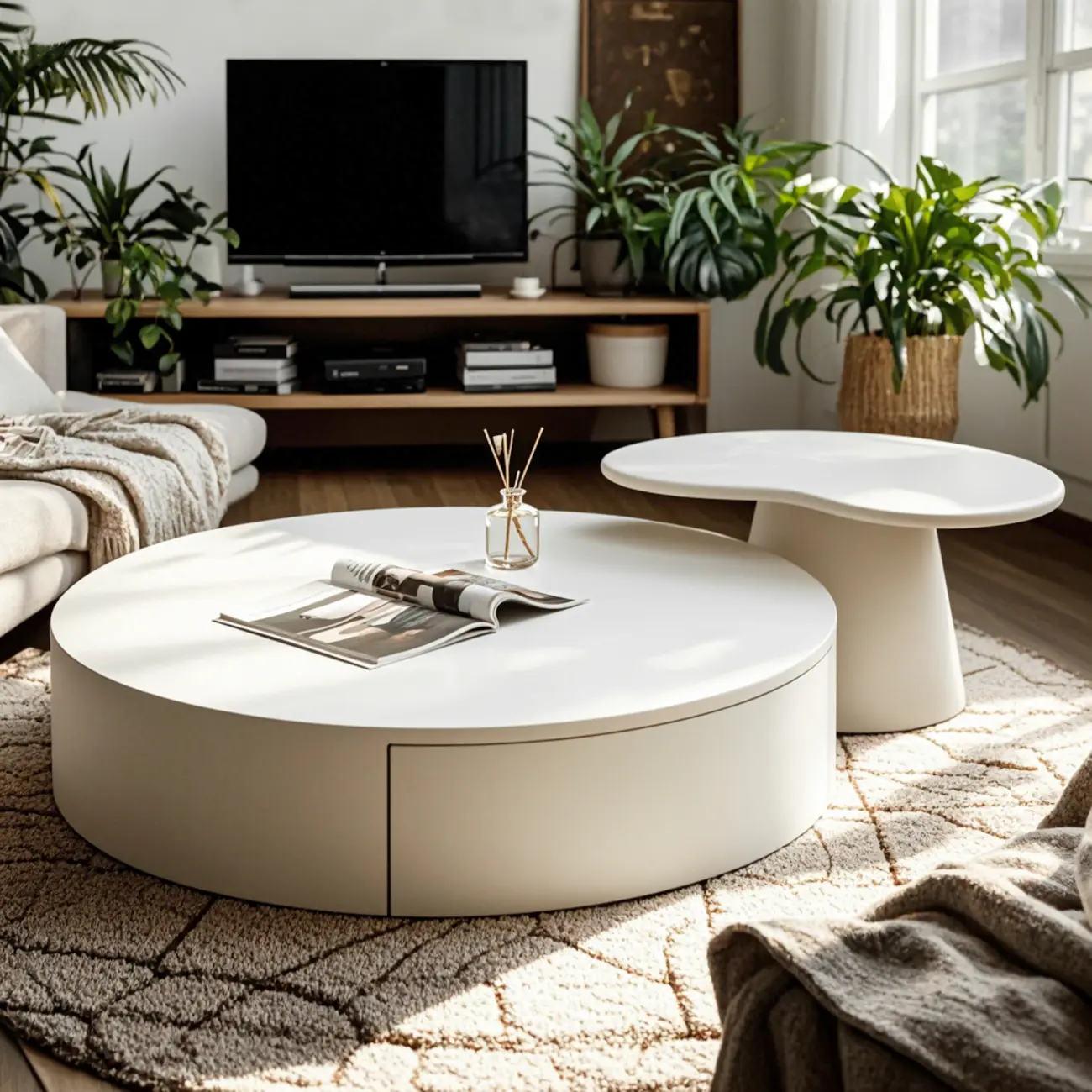 Pure White Round Modern Wood Drawer Coffee Table