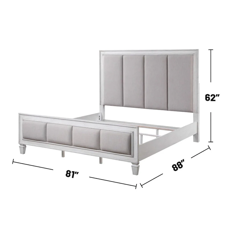 Linen Upholstered Bed in Light Gray and Weathered White