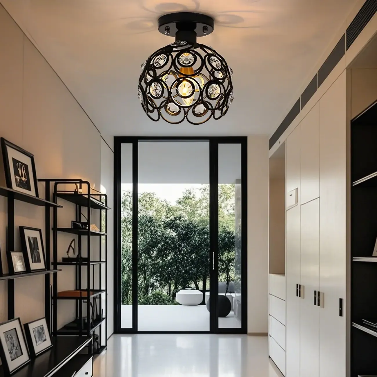 Industrial Hollow Dome Semi Flush Ceiling Light with Crystal