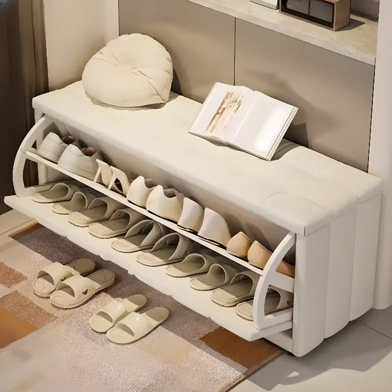Adjustable Shelves Drop Front Wood Cushioned Shoe Bench