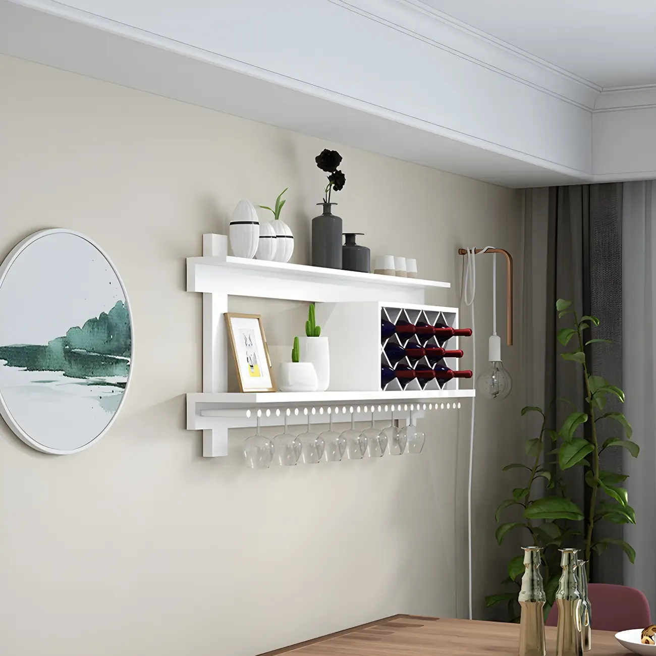 Pine Wooden Wall-Mounted Display Open Wine Bottle & Glass Rack