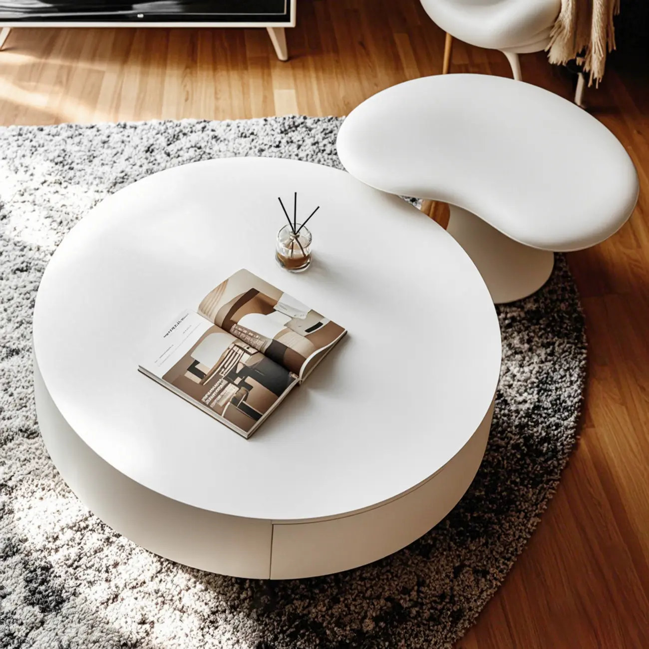 Pure White Round Modern Wood Drawer Coffee Table