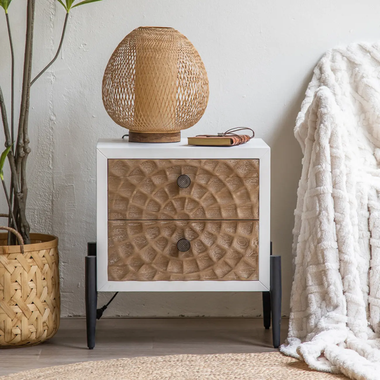 Freestanding Rustic Rectangle White Wood Iron Base Cabinet