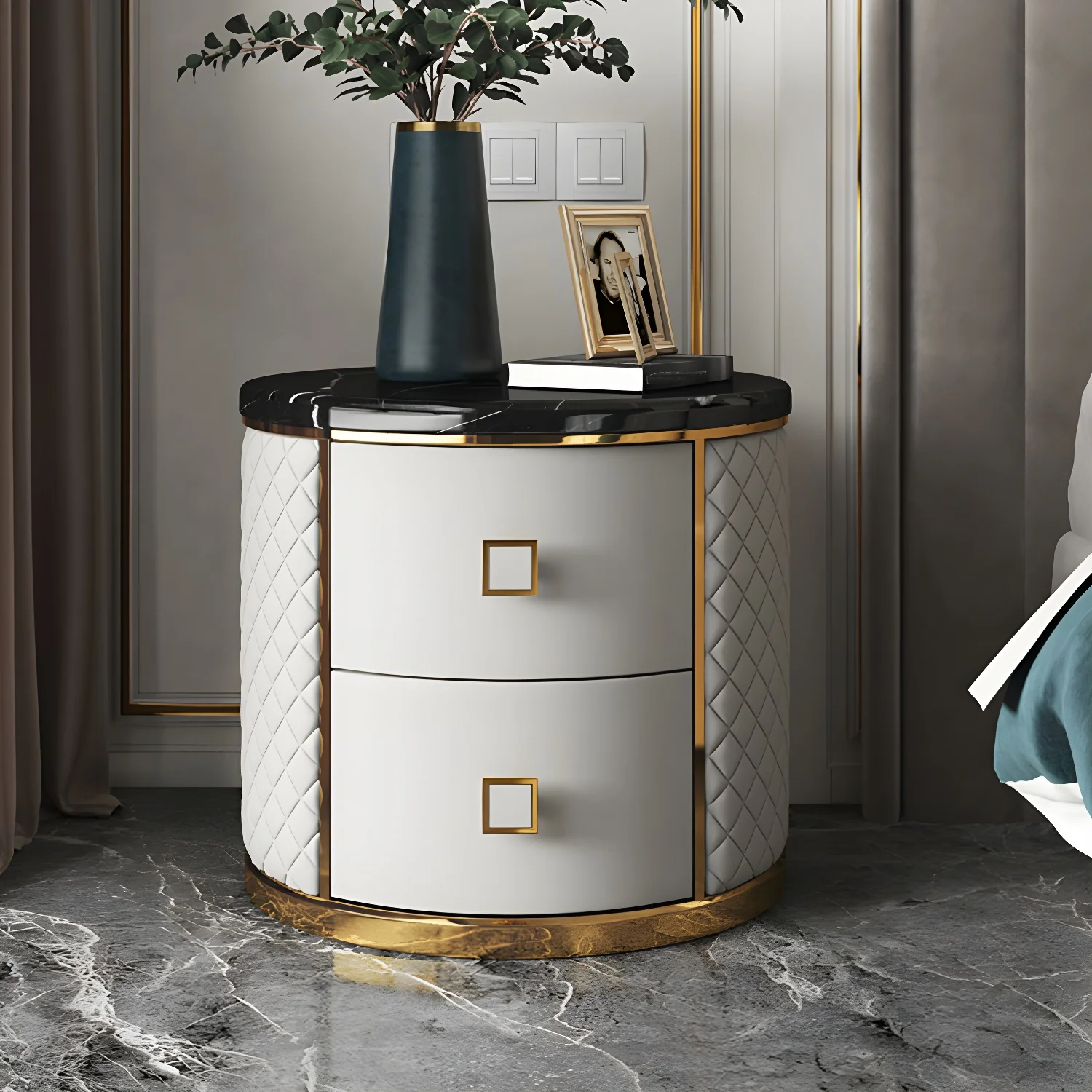 Glam Round Leather Nightstand with Marble Countertop 2 Drawers