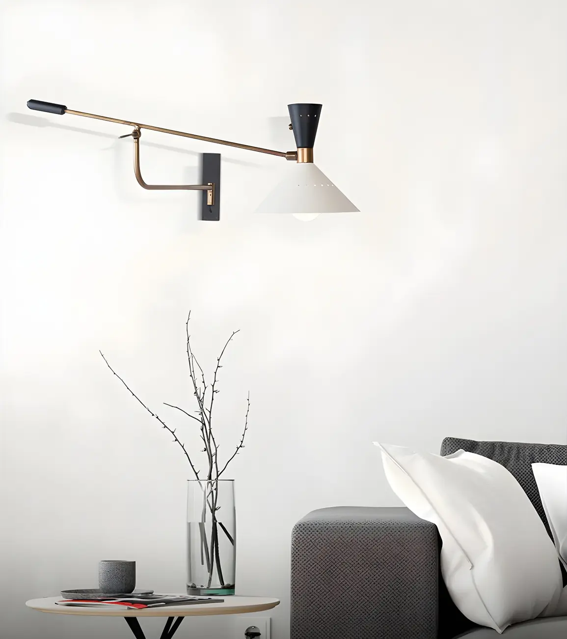 Modern Brass White Conical Arm Swing Wall Light