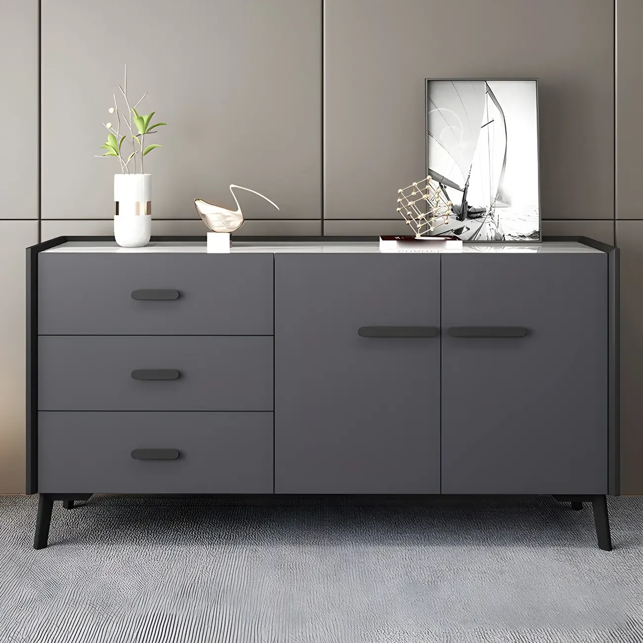 Modern Pine Sideboard with Drawers and Cabinets in Grey/Orange