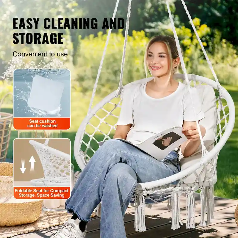 Hanging Hammock Swing Chair, Macram Hanging Chair with Cushion and Mounting Hardware, Cotton Rope Swing Chair