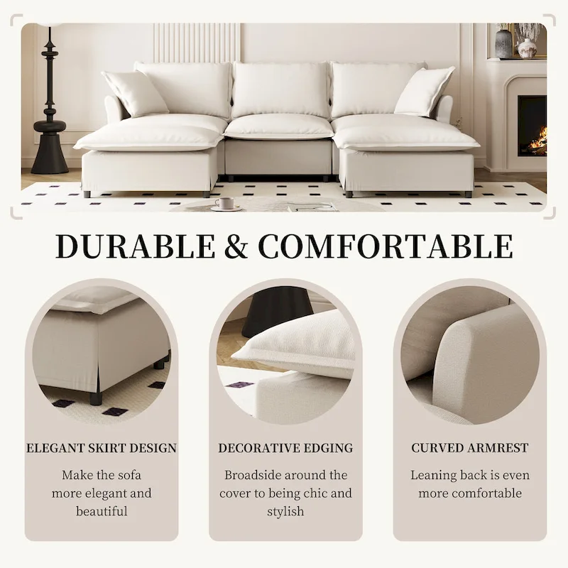 U Shaped Cloud Couch Set Chenille Sectional Sofa w/Ottoman, Pillows