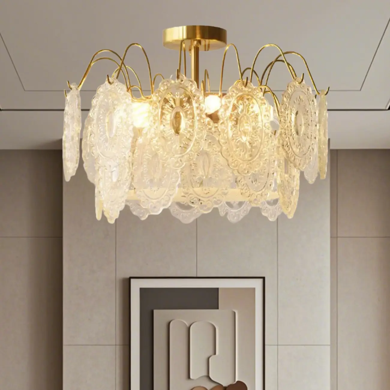 Elegant Round Gold Clear Glass Semi Flush Ceiling Light