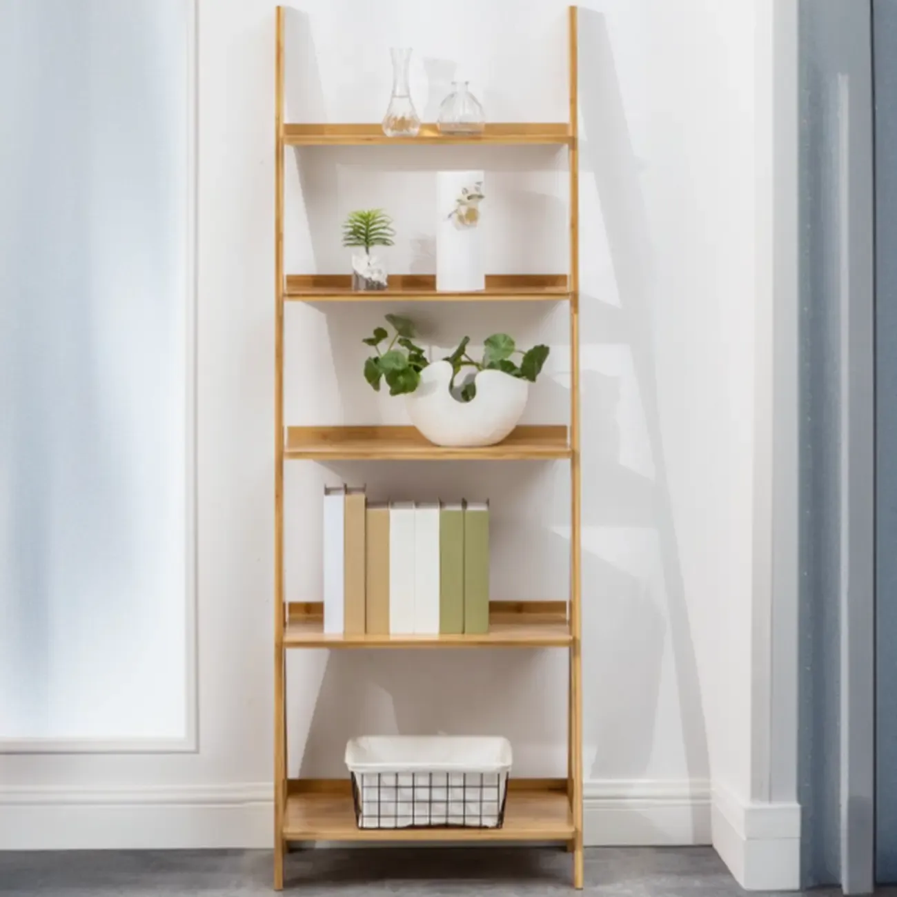 Bamboo Open 4 Shelves Adjustable Ladder Bookcase