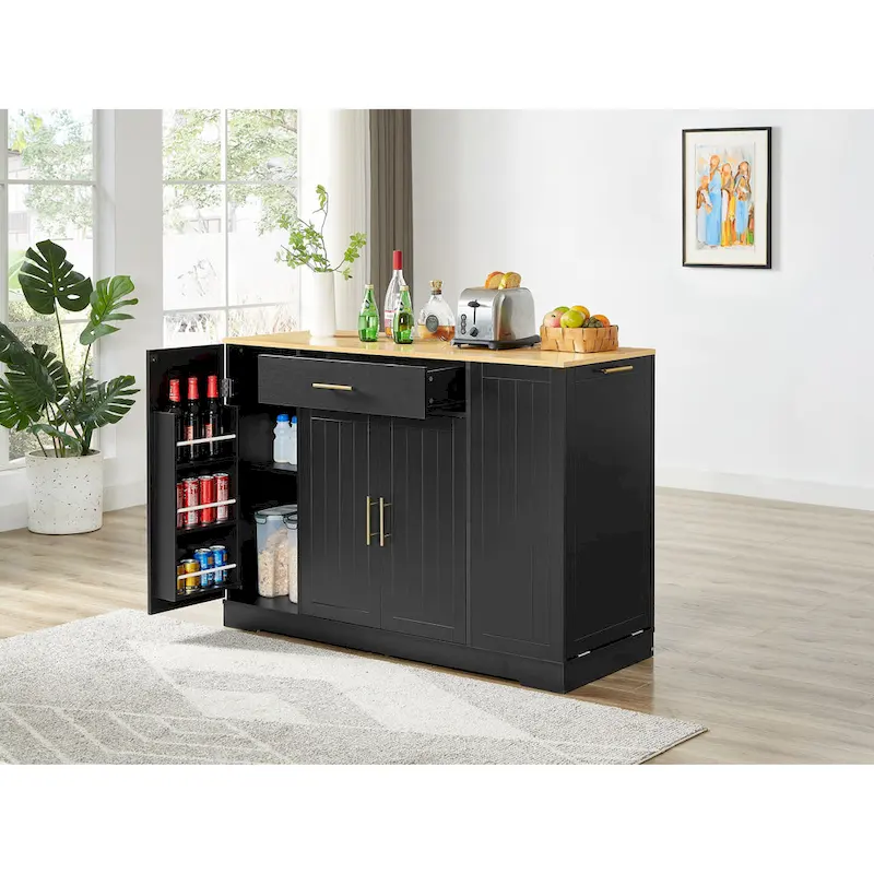 Kitchen Island with Tilt Out Trash Can Holder, Mobile Islands Table with Drawer, Adjustable Shelves & 3 Layer Open Side Racks