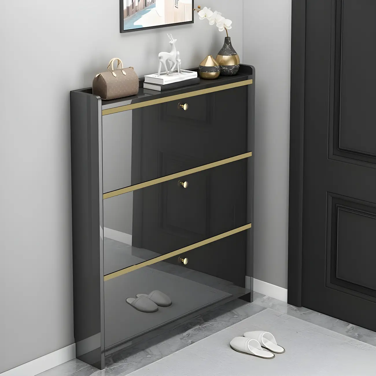 Entryway Glam Black Shoe Storage with Adjustable Shelves