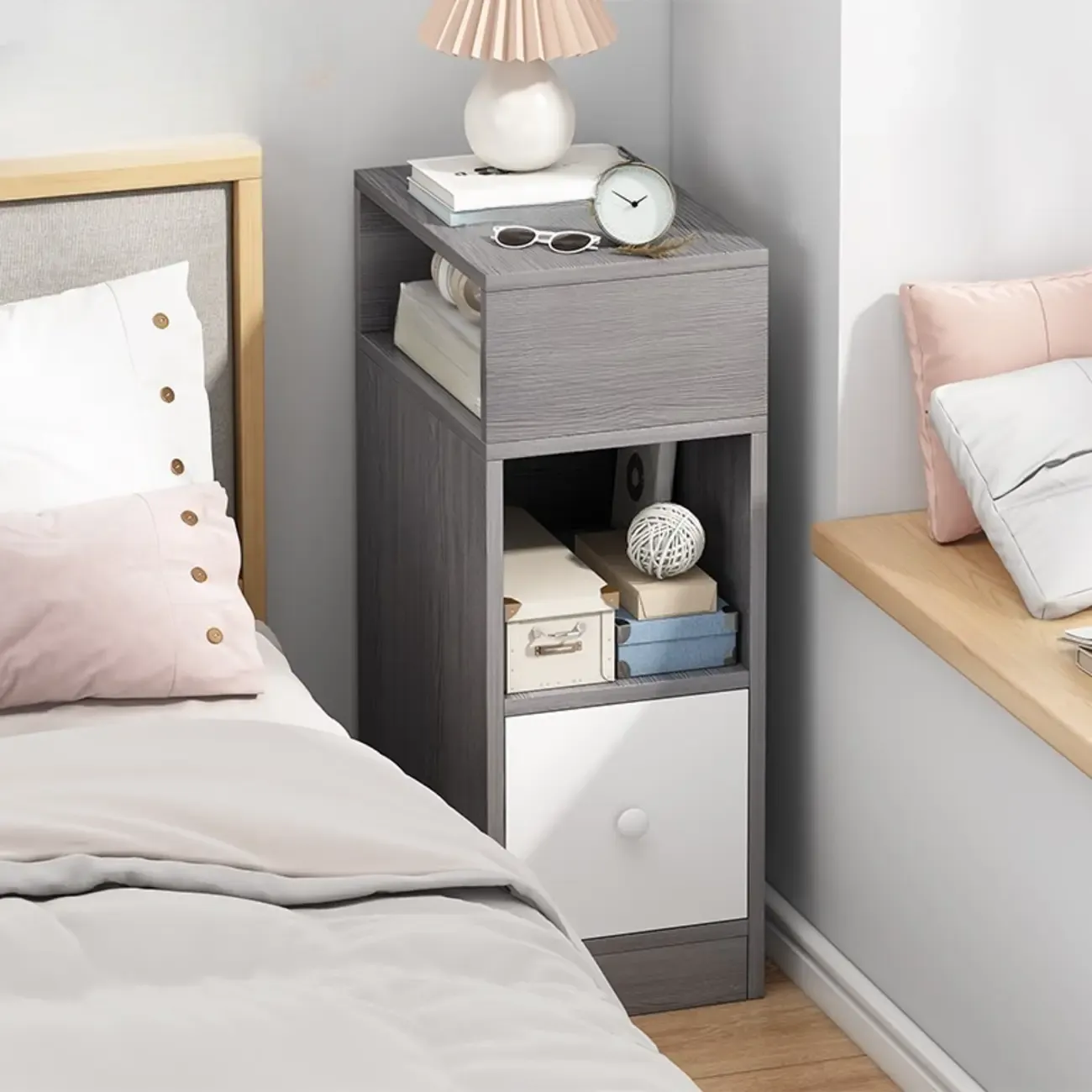 Wood Finish White Narrow Length Multi-Drawers Nightstand