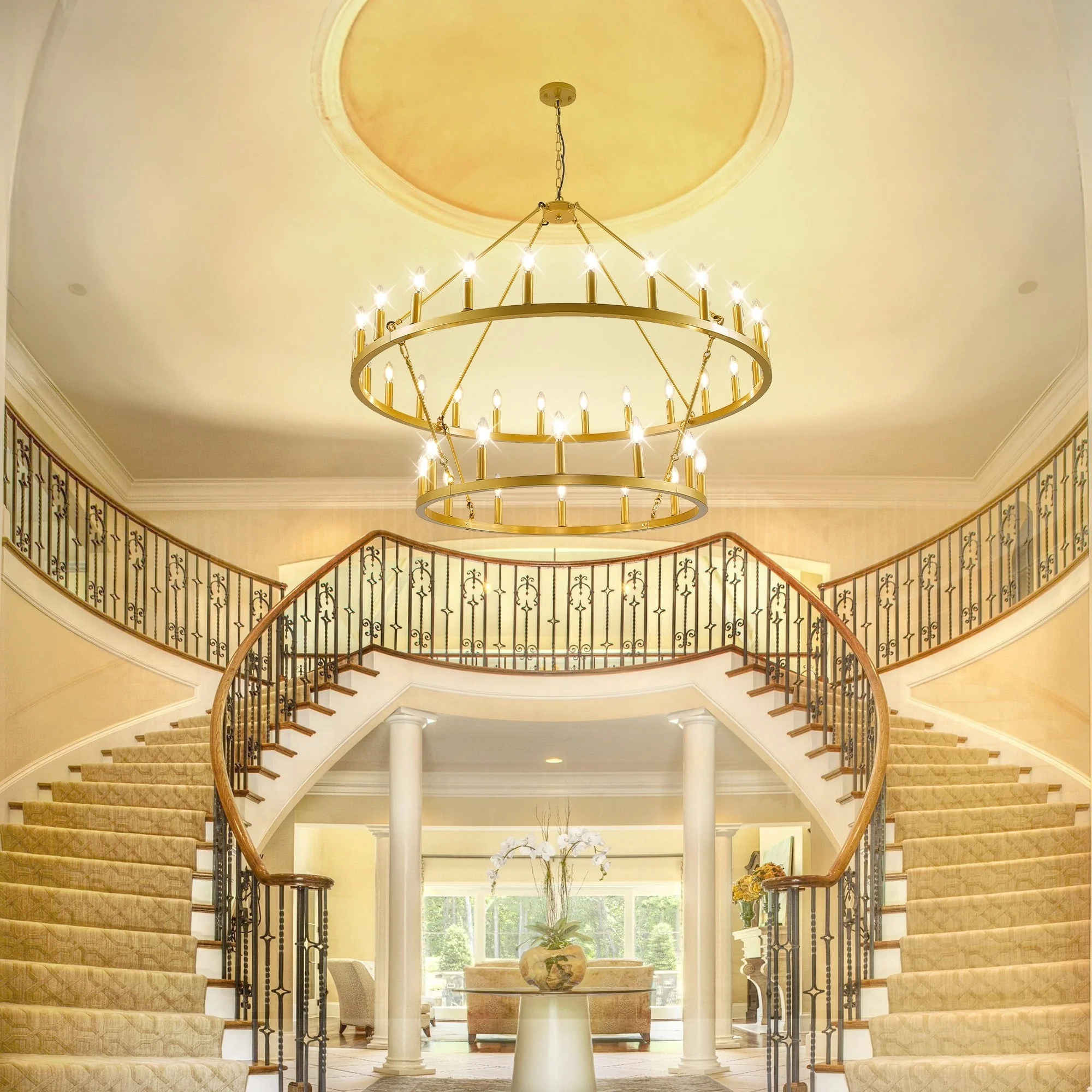 Modern Farmhouse Chandelier 2 Tier Round Wagon Wheel Chandelier Large High Ceiling Light.