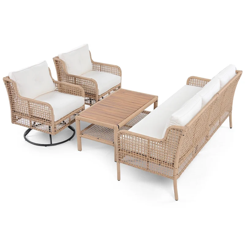 4-Piece Rattan Conversation Sofa Set with Swivel Chairs & Table