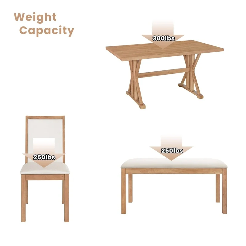 6-Piece Farmhouse Dining Table Set with 4 Upholstered Chairs and Bench
