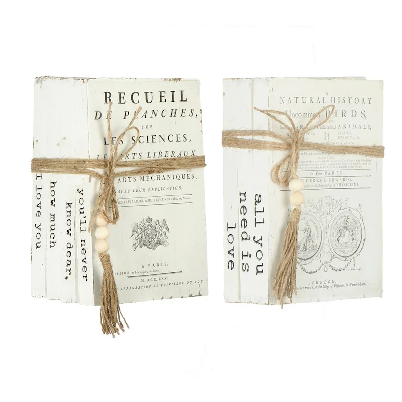 Wood Block Books with Saying and Jute Tie, Set of 2 Styles