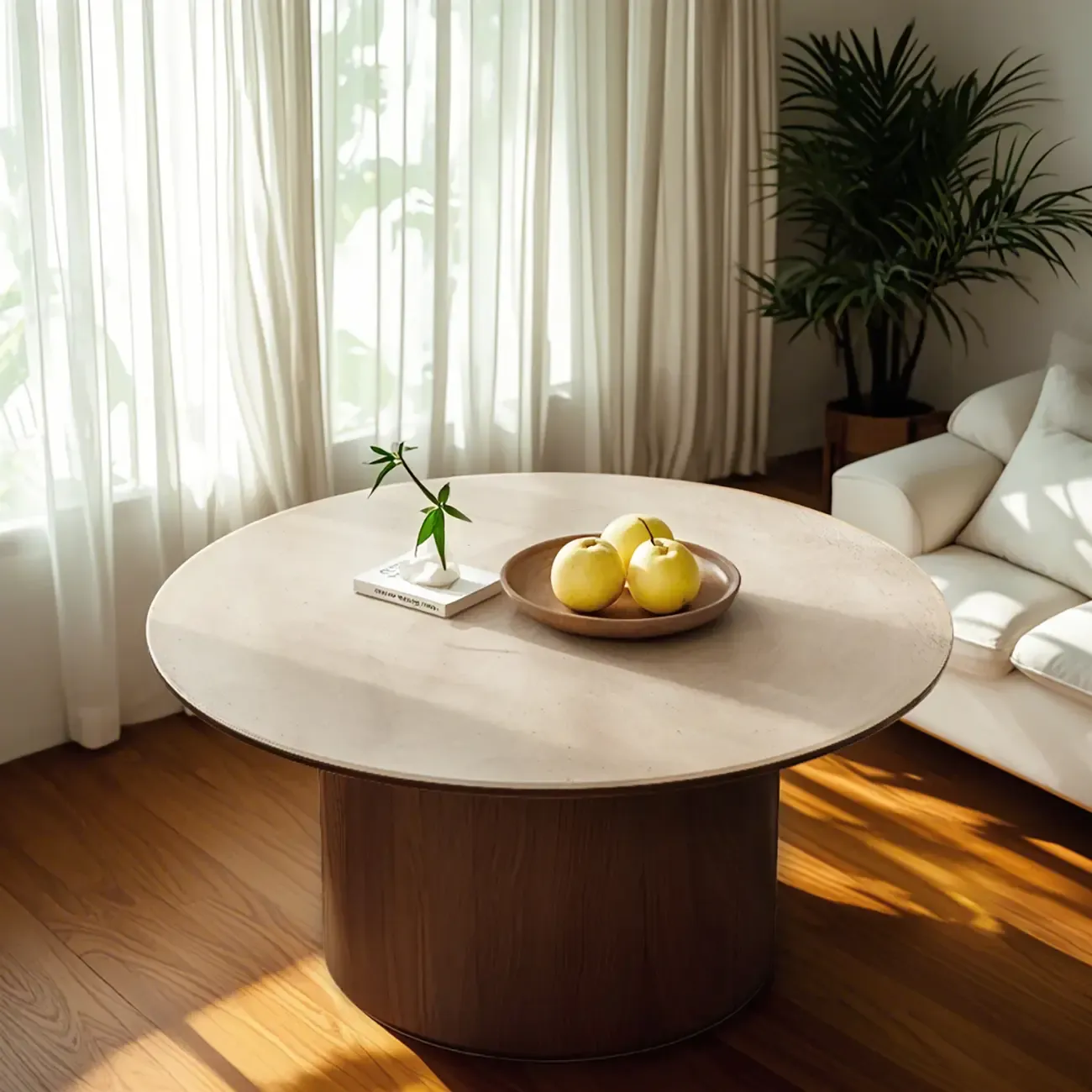 Modern Travertine White Round Coffee Table with Unique Base