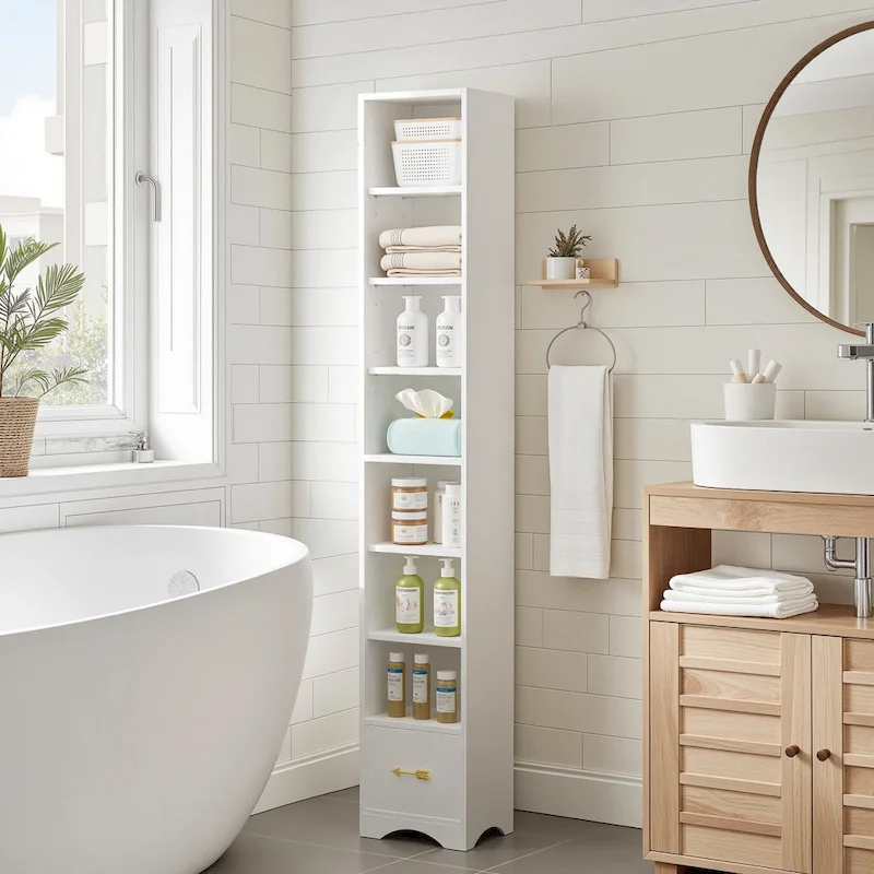 VECELO 70.9 Inches Tall Bathroom Narrow Linen Cabinet, 8 Tiers Solid Wood Freestanding Storage Cabinet