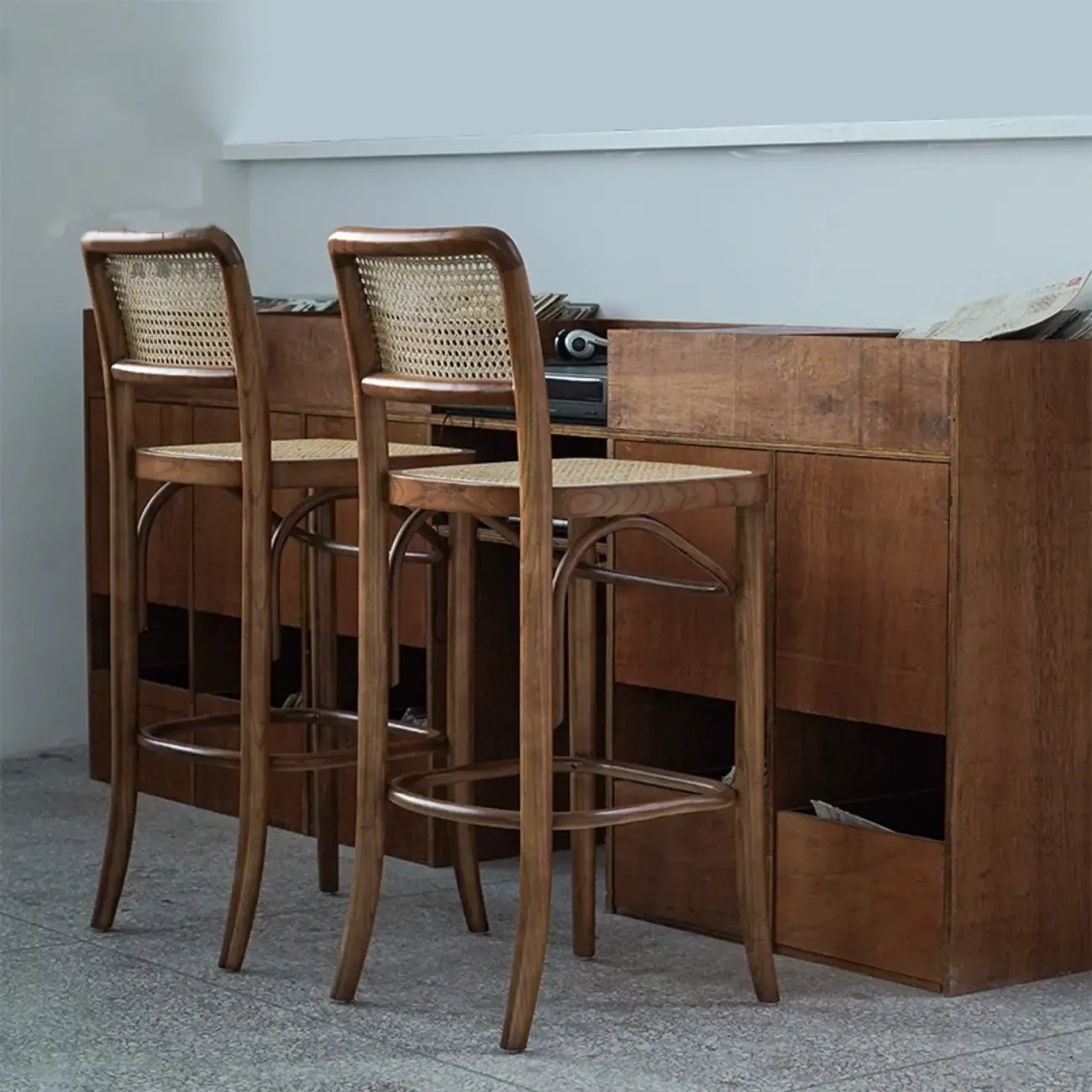 Vintage Wooden Elegance Square Rattan Back High Bar Stool