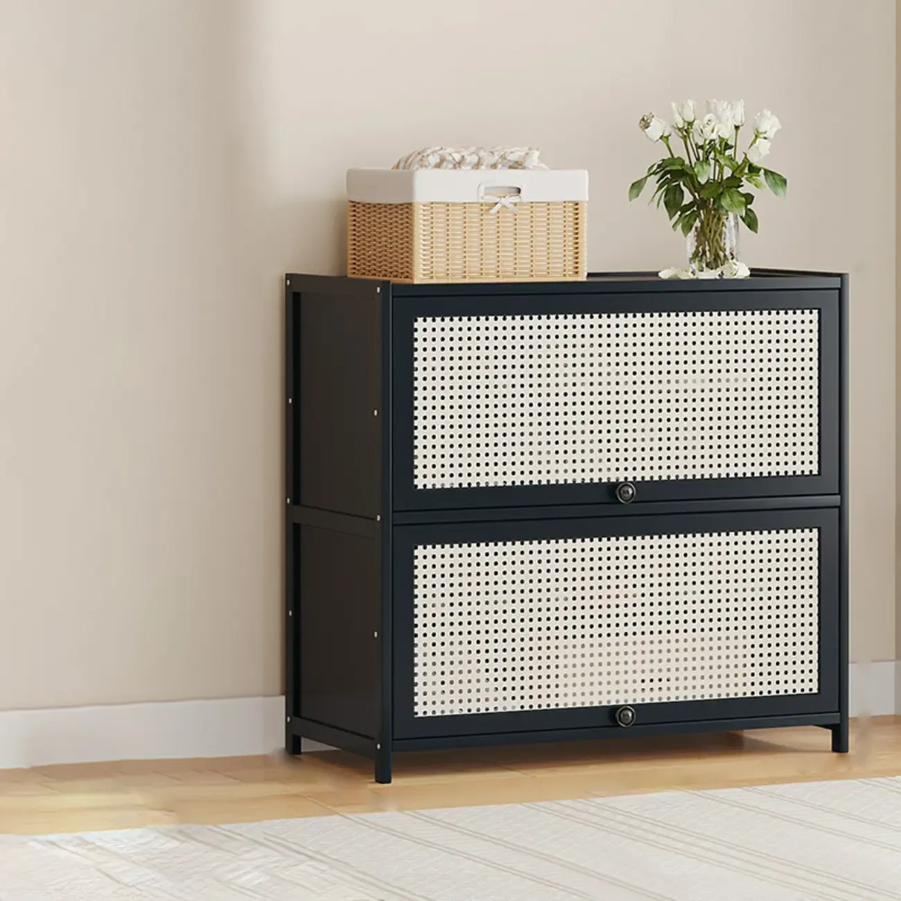 Modern Black Bamboo Shoe Cabinet with Rattan Panels