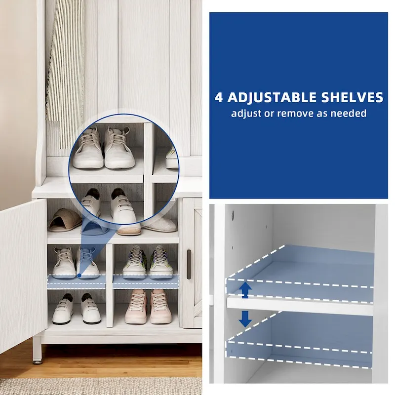 Moasis Entryway Coat Rack Shoe Bench Set, Farmhouse 7 Hooks Hall Tree Coat Shoe Rack