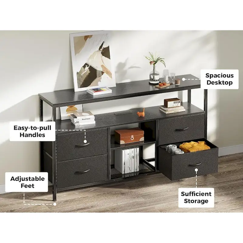 LED TV Stand with Power Outlets, 4 Drawers & Open Shelf, Black PU Finish