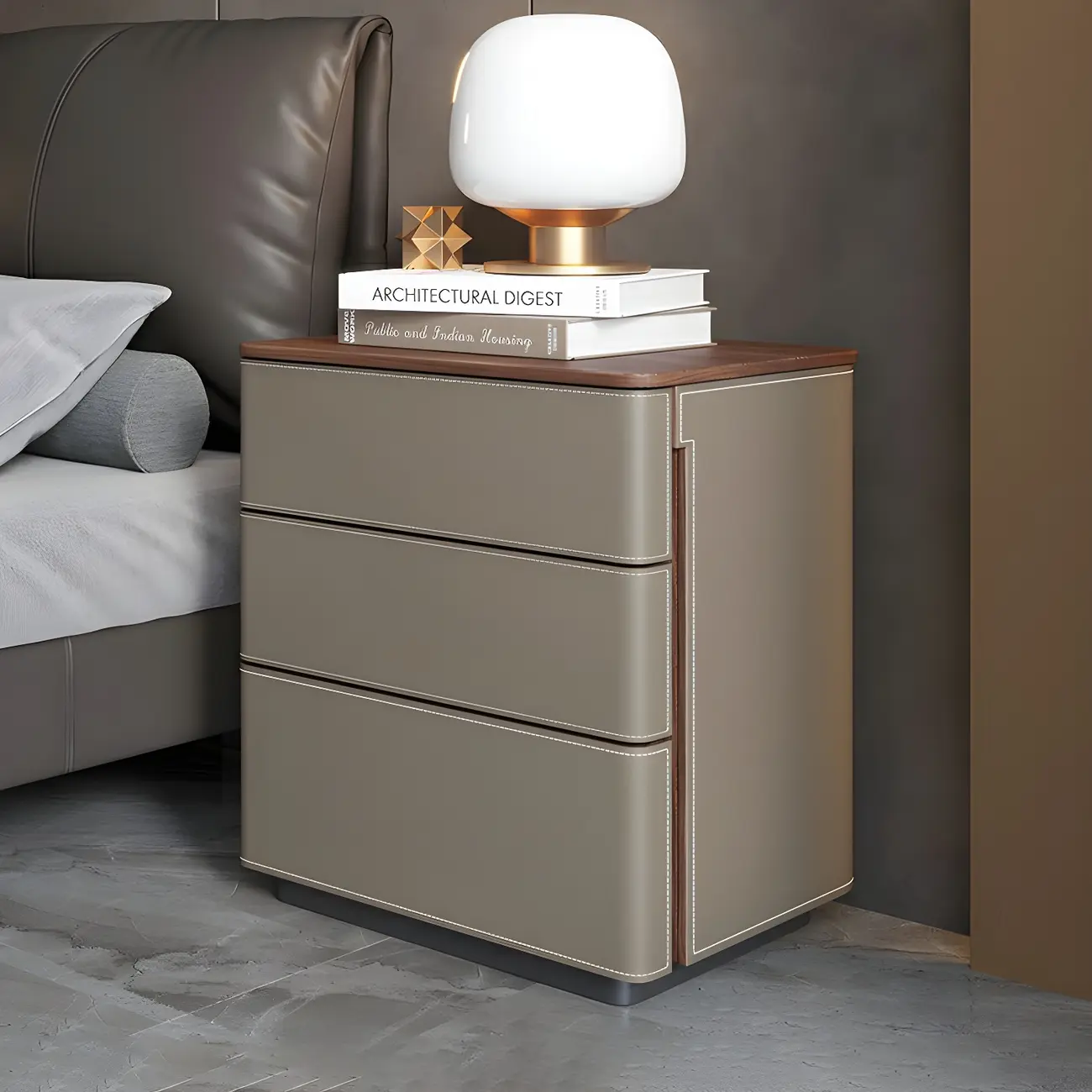 Modern Faux Leather Wood Top Drawers Nightstand