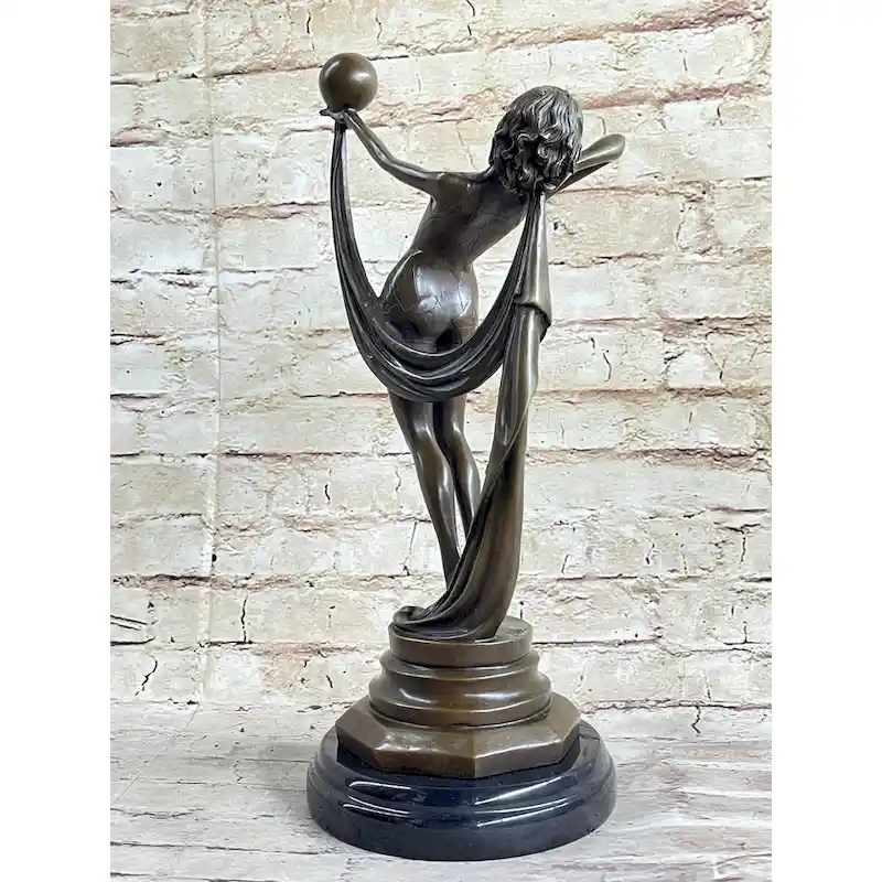 Art Deco Flapper Dancer Girl Holding Ball Bronze Statue Sculpture Figure