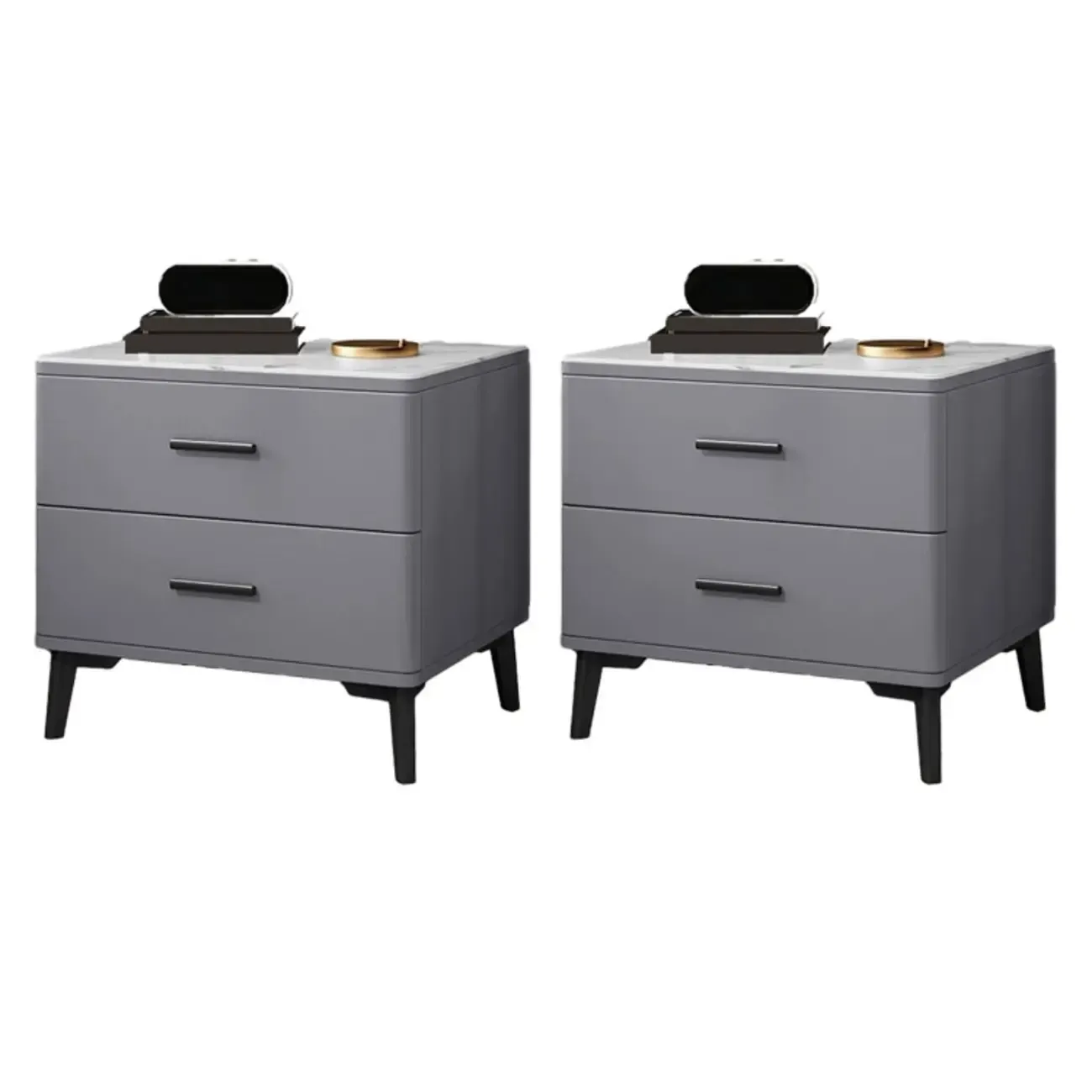 Modern White Stone Top Oak 2-Drawer Nightstand