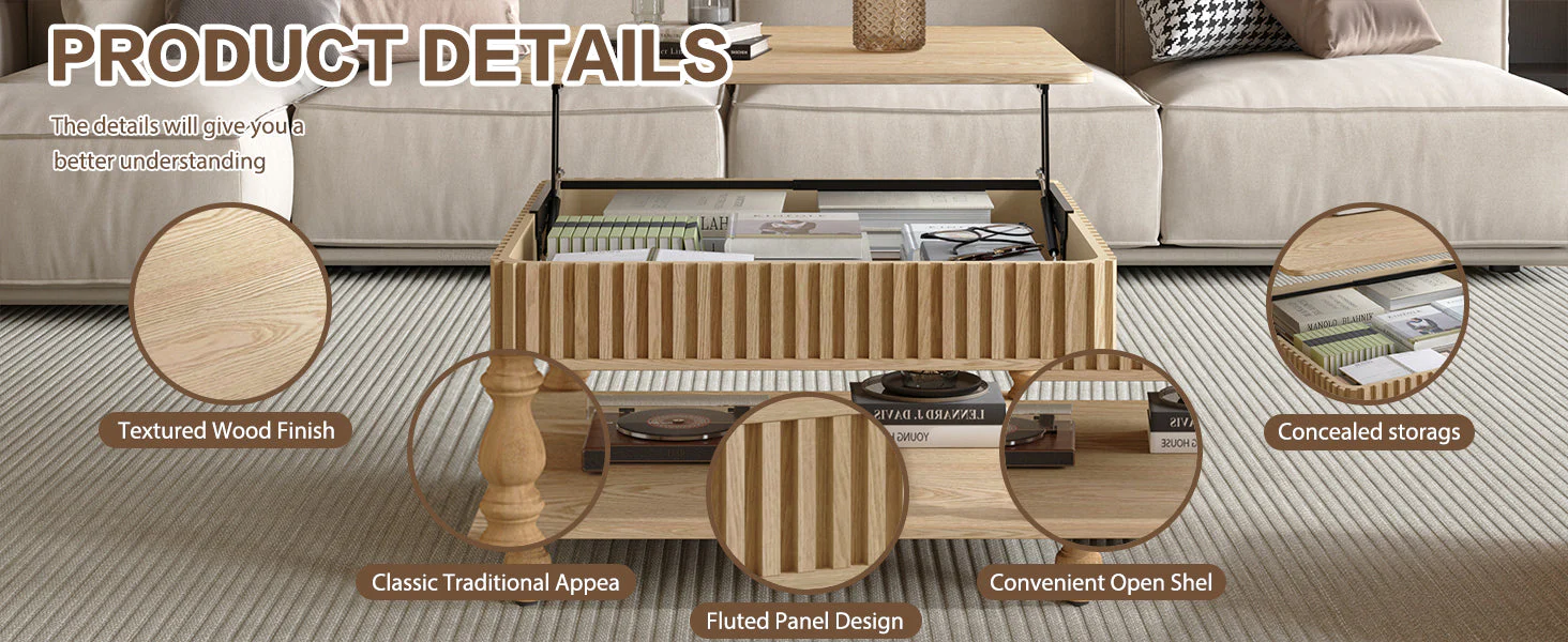 Walker Edison | Lift-Top Elevated Traditional Fluted Coffee Table